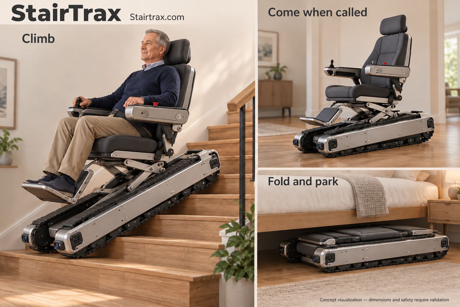 StairTrax concept visualization in three panels: a man seated on a tracked robotic chair climbing a staircase; the empty chair driving across a living room floor; and the chair folded flat, parked under a bed.